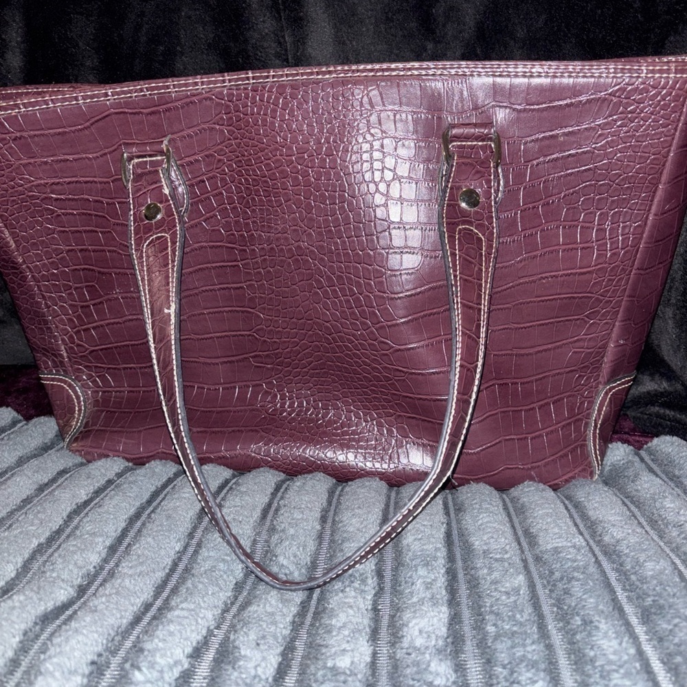 Croc embossed tote shoulder bag / laptop bag purse burgundy, Large - Picture 2 of 11